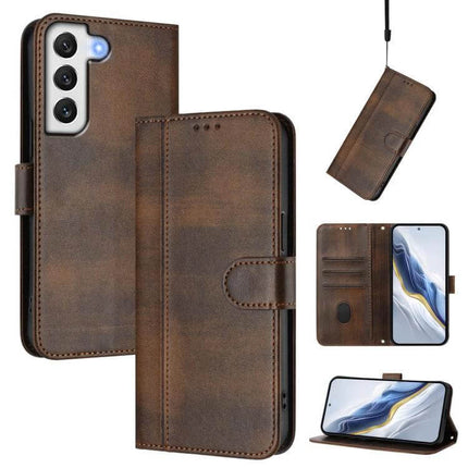 Line Splicing Buckle Retro Leather Phone Case Wallet For Galaxy S21 brown retro wallet case with card slots kickstand and strap