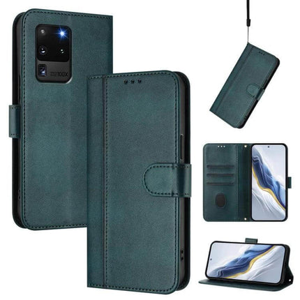 Line Splicing Buckle Retro Leather Phone Case For Galaxy S Series shown in green wallet style with card slots, TPU corners, buckle closure, and stand feature