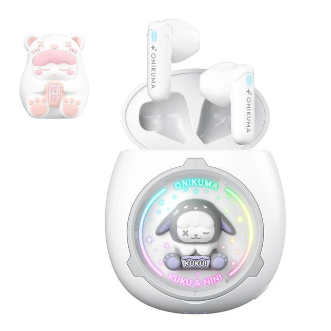 Onikuma Wireless Earbuds With Interchangeable Doll Charms white earbuds in transparent charging case with kawaii doll