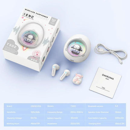 Onikuma Wireless Earbuds With Interchangeable Doll Charms shown in white with transparent charging case, pink doll charm