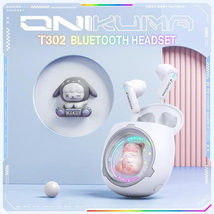 Onikuma Wireless Earbuds With Interchangeable Doll Charms white T302 Bluetooth earbuds with transparent charging case