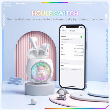 Onikuma Wireless Earbuds With Interchangeable Doll Charms compact white earbuds with transparent charging case and phone