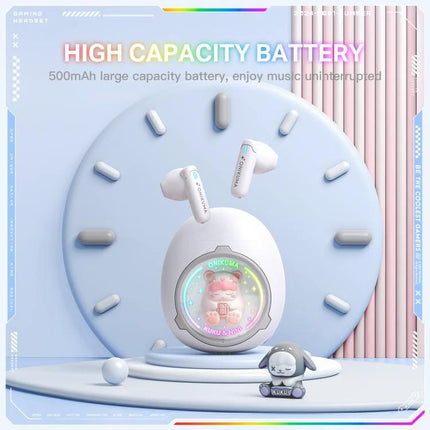 Onikuma Wireless Earbuds With Interchangeable Doll Charms white earbuds with transparent charging case and pink doll charm
