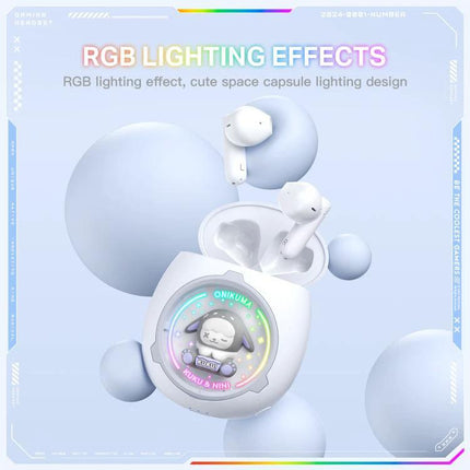 Onikuma Wireless Earbuds With Interchangeable Doll Charms white earbuds with clear RGB charging case and cute doll charm