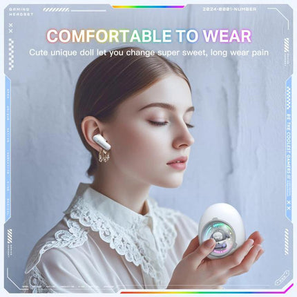 Onikuma Wireless Earbuds With Interchangeable Doll Charms comfortable white earbuds in ear with transparent charging case