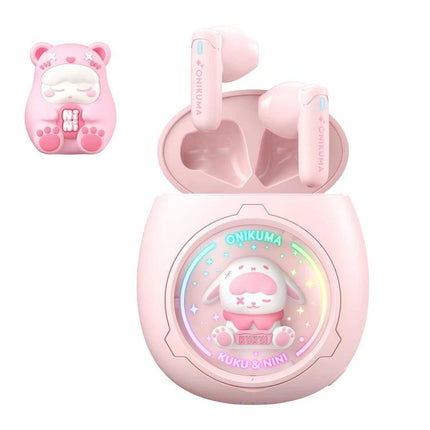 Onikuma Wireless Earbuds With Interchangeable Doll Charms pink earbuds with transparent charging case and groove-lock doll