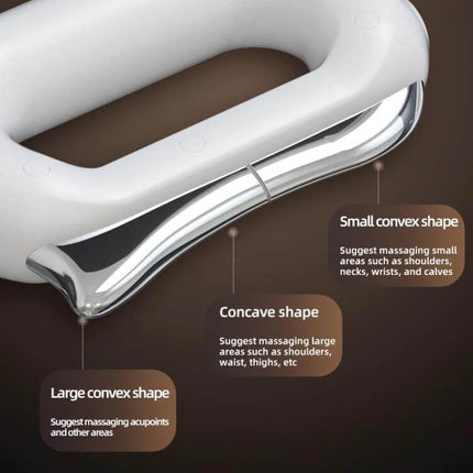 Electric Heating EMS Meridian Dredge Fascia Knife Small Massager handheld white ergonomic device with convex and concave stainless massage edges for shoulders and calves