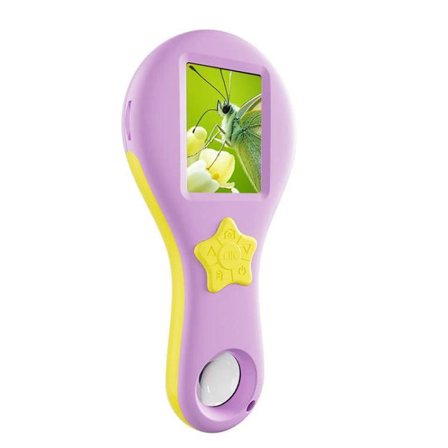 Children's Handheld Digital Microscope for Daily Exploration showing purple handheld scope with screen displaying a close-up insect