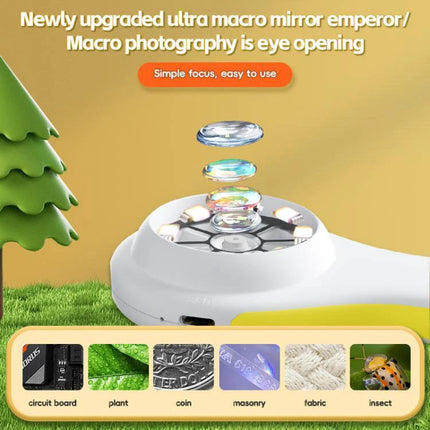 Children's Handheld Digital Microscope for Daily Exploration showing 500X macro lens, built-in screen, and sample insect coin fabric images