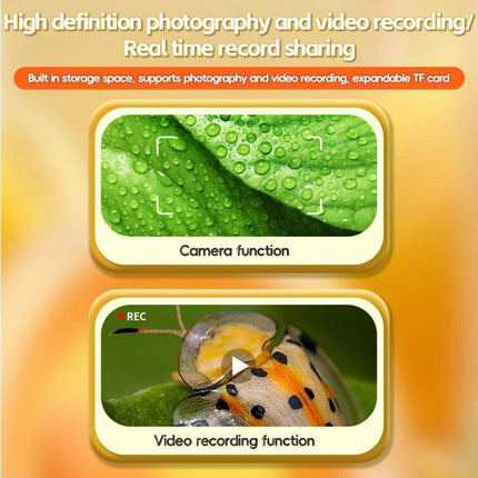 Children's Handheld Digital Microscope for Daily Exploration showing camera and video recording functions with 500X magnification and 2MP sensor