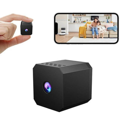 Compact WiFi Mini Camera for Home Monitoring with Night Vision small black cube camera shown with mobile app live view of family on couch