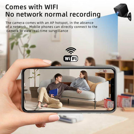 Compact WiFi Mini Camera for Home Monitoring with Night Vision showing mobile live view of couple on sofa via WiFi