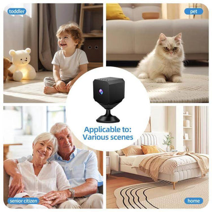 Compact WiFi Mini Camera for Home Monitoring with Night Vision placed in living room monitoring toddler, pet, senior citizen and bedroom scenes