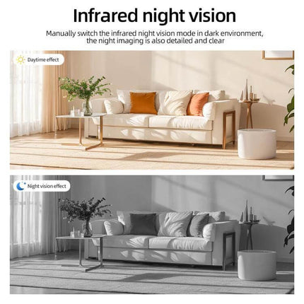 Compact WiFi Mini Camera for Home Monitoring with Night Vision showing daytime and infrared night vision living room views