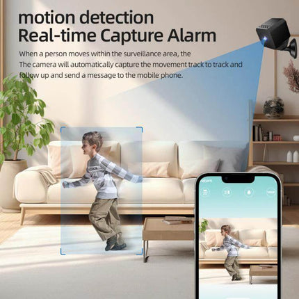 Compact WiFi Mini Camera for Home Monitoring with Night Vision showing motion detection capturing a child and live mobile app view