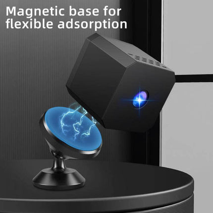 Compact WiFi Mini Camera for Home Monitoring with Night Vision showing magnetic base and blue LED in indoor setup