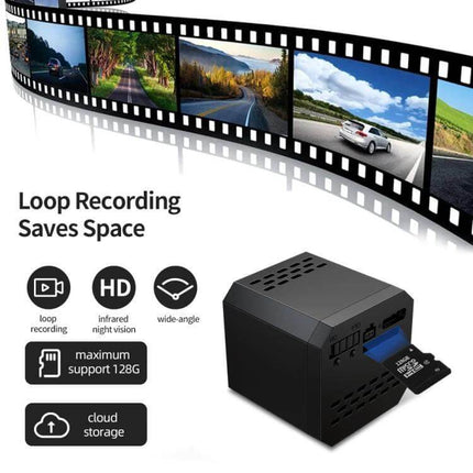 Compact WiFi Mini Camera for Home Monitoring with Night Vision - compact cube camera showing loop recording, SD card slot, HD night vision and cloud storage