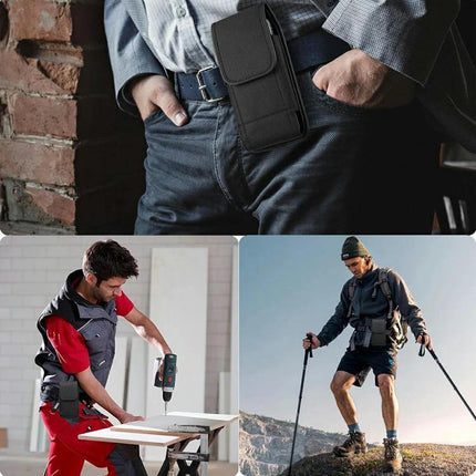 Universal Vertical Outdoor Phone Waist Bag for Up to 7-Inch Phones black nylon belt pouch shown worn by hiker, worker and commuter