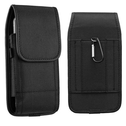 Universal Vertical Outdoor Phone Waist Bag for Up to 7-Inch Phones – black nylon vertical waist pouch with belt loop and carabiner clip