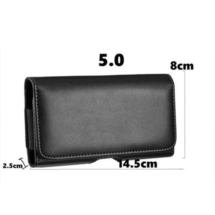 Universal Horizontal Outdoor Phone Waist Bag for Hands Free Everyday Carry during Outdoor Activities — black leather horizontal waist phone case with dimensions 14.5×8×2.5cm
