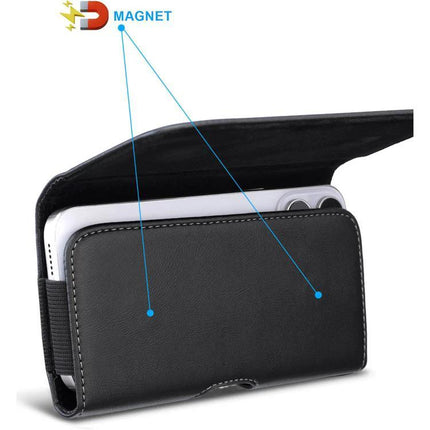 Universal Horizontal Outdoor Phone Waist Bag for Hands Free Everyday Carry during Outdoor Activities - black leather magnetic horizontal phone waist pouch