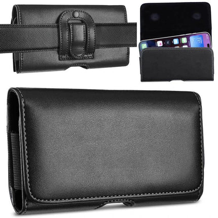 Universal Horizontal Outdoor Phone Waist Bag for Hands Free Everyday Carry during Outdoor Activities - black leather belt pouch with secure closure
