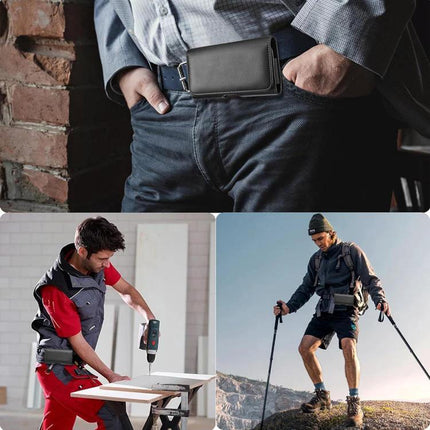 Universal Horizontal Outdoor Phone Waist Bag for Hands Free Everyday Carry during Outdoor Activities shown in leather waist pouch on man, worker and hiker