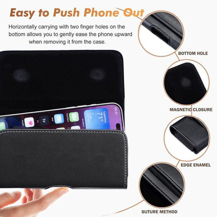 Universal Horizontal Outdoor Phone Waist Bag for Hands Free Everyday Carry during Outdoor Activities - black leather waist phone pouch with magnetic closure