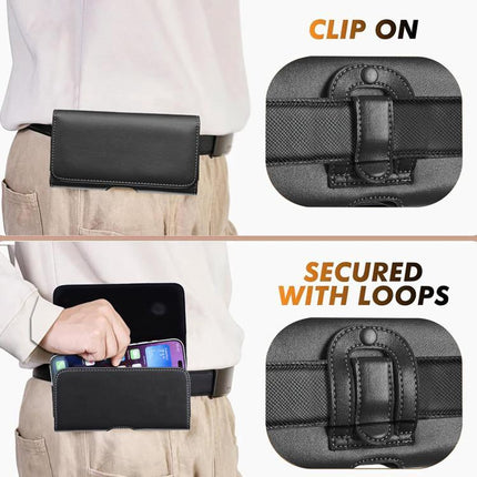 Universal Horizontal Outdoor Phone Waist Bag for Hands Free Everyday Carry during Outdoor Activities - black leather waist clip pouch showing phone access and belt loops
