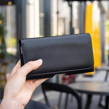 Universal Horizontal Outdoor Phone Waist Bag for Hands Free Everyday Carry during Outdoor Activities - black leather horizontal waist phone pouch shown in hand