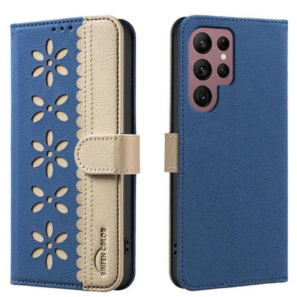 Splicing Color Hollow Flower RFID Leather Case For Galaxy S21 Series 5G