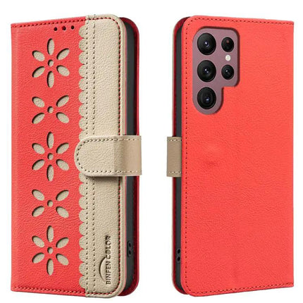 Splicing Color Hollow Flower RFID Leather Case For Galaxy S21 Series 5G