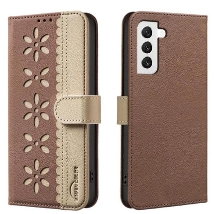 Splicing Color Hollow Flower RFID Leather Case For Galaxy S21 Series 5G