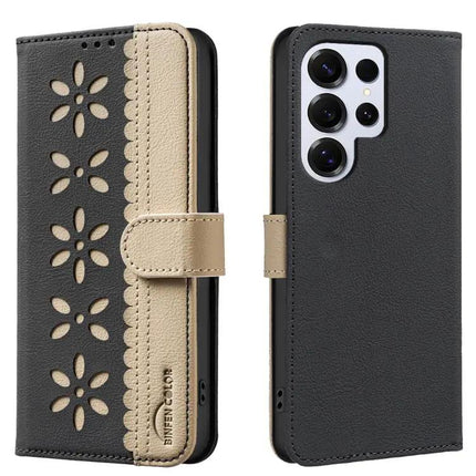 RFID Leather Wallet Case For Samsung Galaxy S23 Series Hollow Flower Pattern