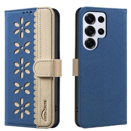 RFID Leather Wallet Case For Samsung Galaxy S23 Series Hollow Flower Pattern