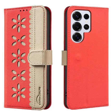 RFID Leather Wallet Case For Samsung Galaxy S23 Series Hollow Flower Pattern