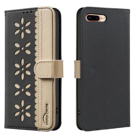 Leather Phone Case With Card Holder For Everyday Use - black PU leather wallet case with floral cutouts, card slots and kickstand