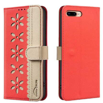 Leather Phone Case With Card Holder For Everyday Use - red PU leather wallet case with floral cutouts, card slot, kickstand
