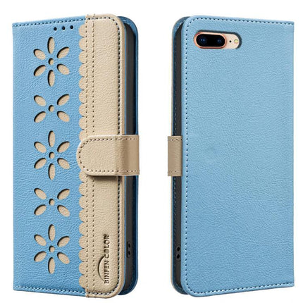 Leather Phone Case With Card Holder For Everyday Use - blue PU leather wallet case with floral cutouts, card pocket and kickstand
