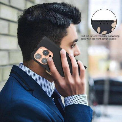 Leather Phone Case With Card And Cash Slots For Everyday Use showing man holding phone to ear with wallet cover and card/cash slots