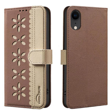 Leather Phone Case With Card And Cash Slots For Everyday Use - brown PU leather wallet case with floral cutouts, three card slots and cash pocket