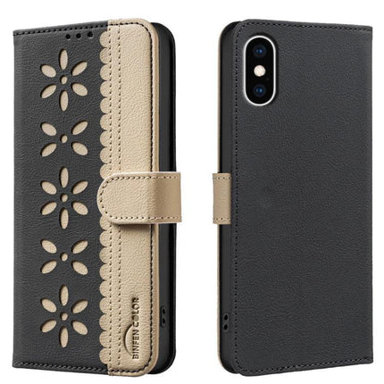 Leather Phone Case With Card Holder For Everyday Use - black PU leather wallet case with floral cutouts, card slots, kickstand and magnetic closure
