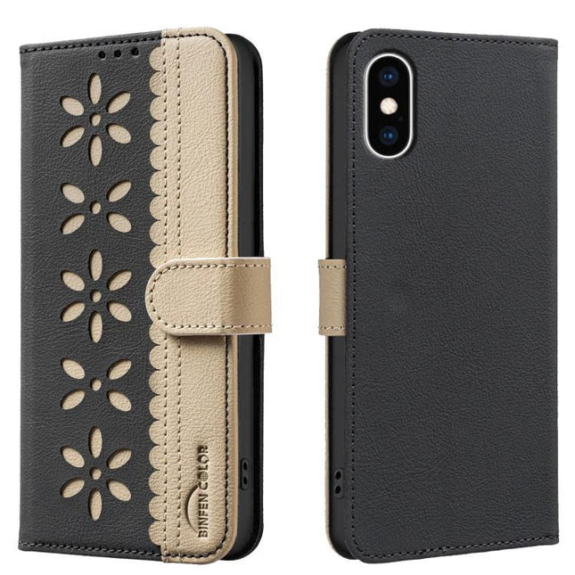 Leather Phone Case With Card Holder For Everyday Use - black PU leather wallet case with floral cutouts, card slots, kickstand and magnetic closure