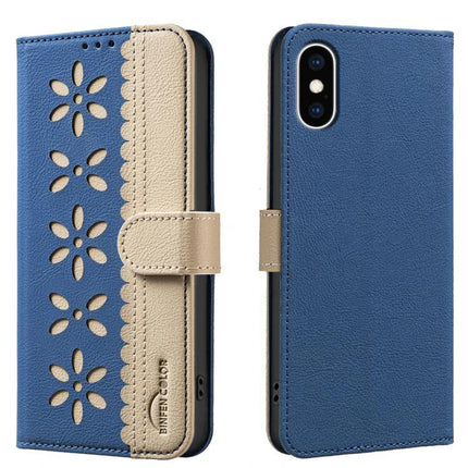 Leather Phone Case With Card Holder For Everyday Use blue PU leather wallet case with floral cutouts, card slots, kickstand and magnetic closure