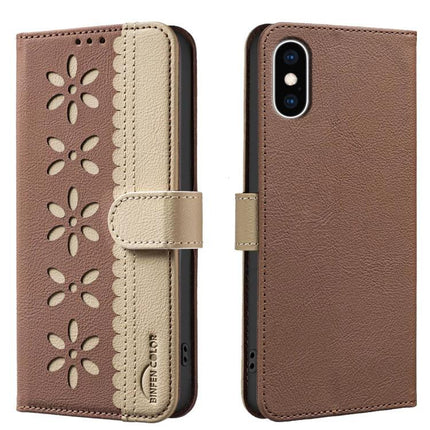Leather Phone Case With Card Holder For Everyday Use in brown PU leather with floral cutouts, card slots and kickstand