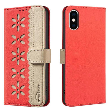 Leather Phone Case With Card Holder For Everyday Use red PU leather wallet with floral cutouts, card slots, kickstand and TPU inner shell