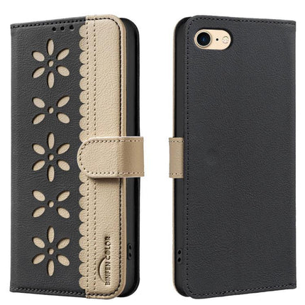 Leather Phone Case With Card Holder For Everyday Use - black PU leather wallet case with floral cutouts, card slots and kickstand