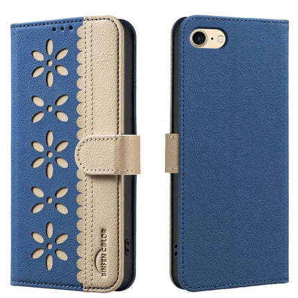 Leather Phone Case With Card Holder For Everyday Use - blue PU leather wallet case with floral cutouts, card holder, kickstand for commuters