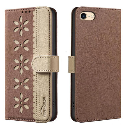Leather Phone Case With Card Holder For Everyday Use - brown PU leather wallet case with floral cutouts, card slots and kickstand for commuters