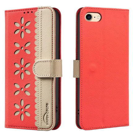 Leather Phone Case With Card Holder For Everyday Use - red PU leather wallet case with floral cutouts, card slots and kickstand